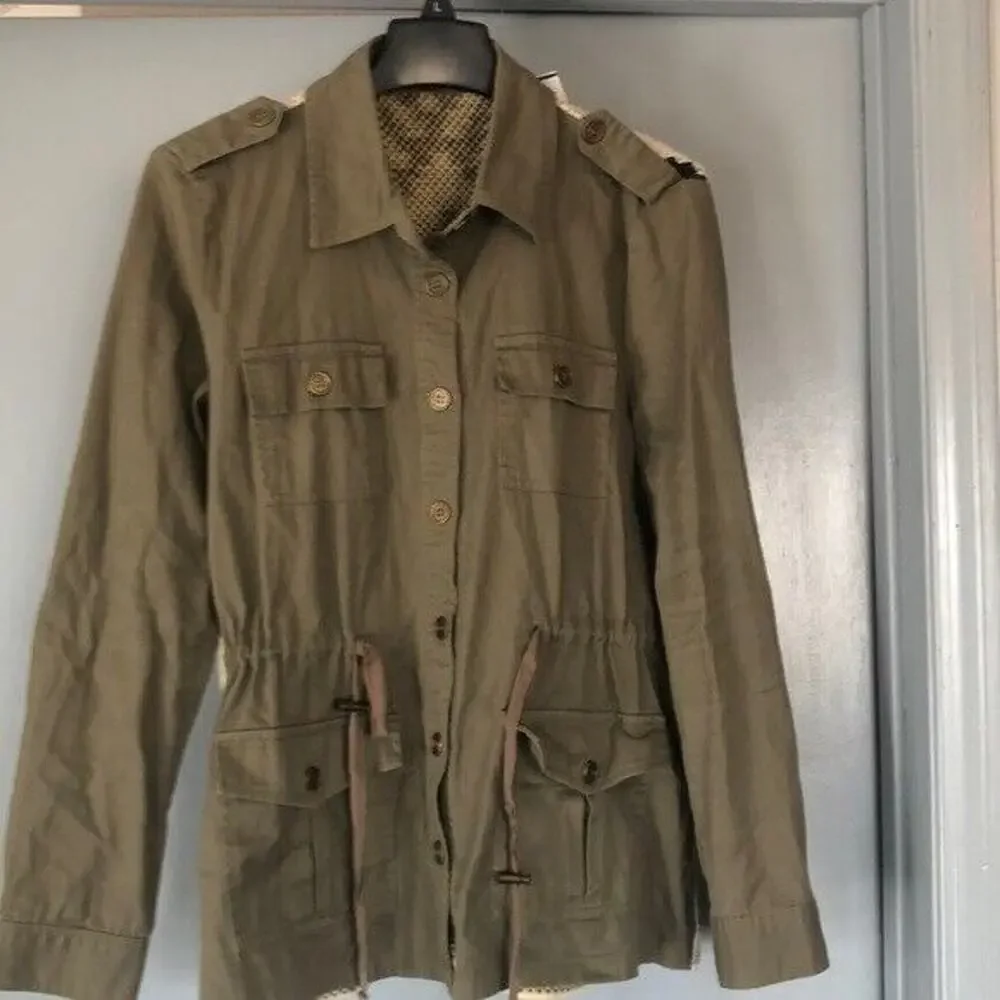 Mine Jacket Coat Sweater back Women's Sz Small khaki Green Pockets button front - Picture 2 of 8